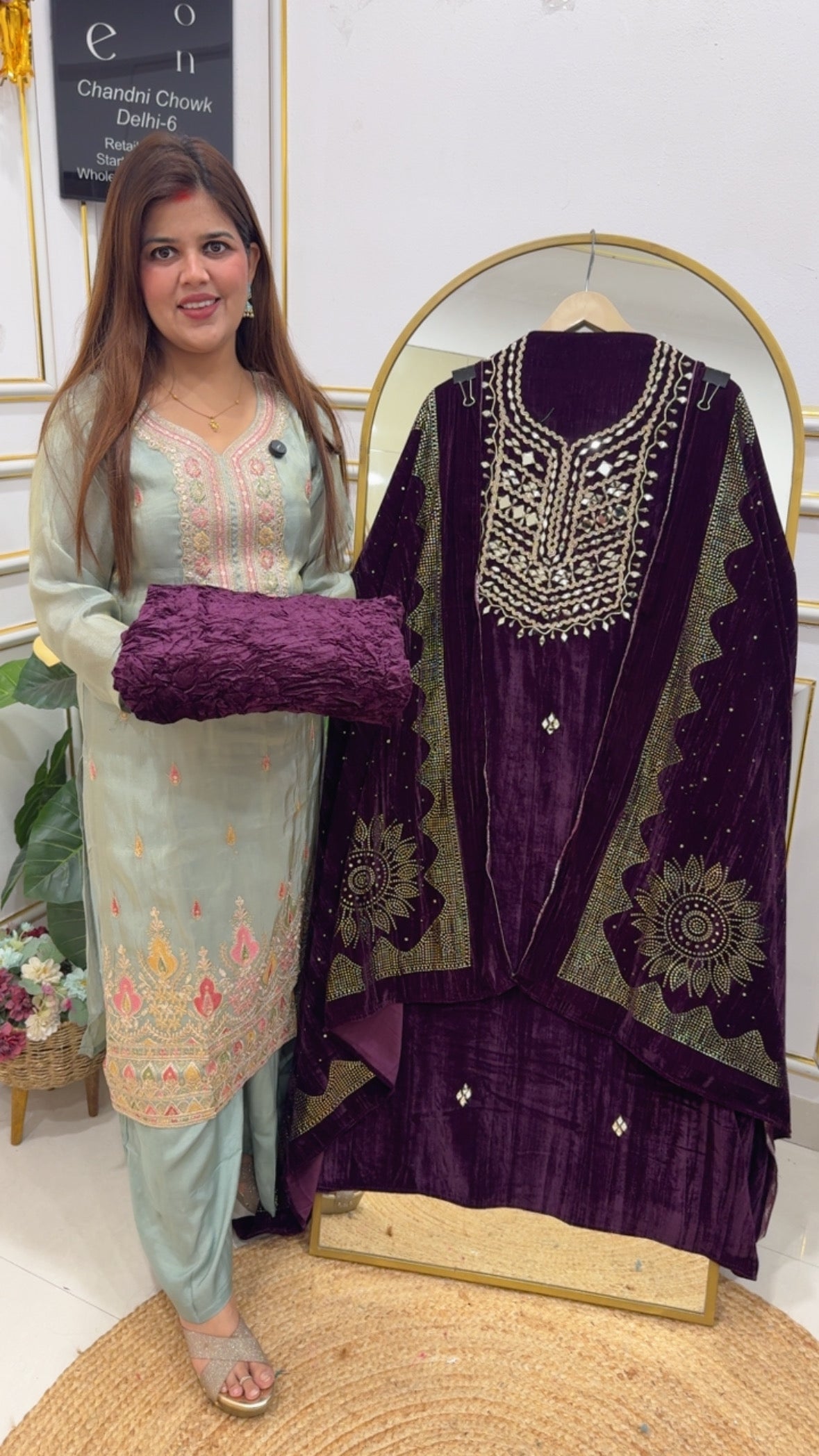 Premium and huge demanded pure 9000 grade velvet suit material with mirror handwork embellishment along with premium crushed velvet all over Mukesh work dupatta with premium quality bottom material GF770